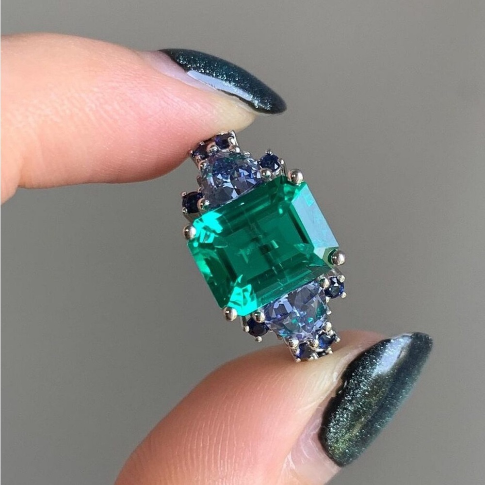 Green CZ Solitaire with Gemstones S925 Sterling Silver Ring. New.